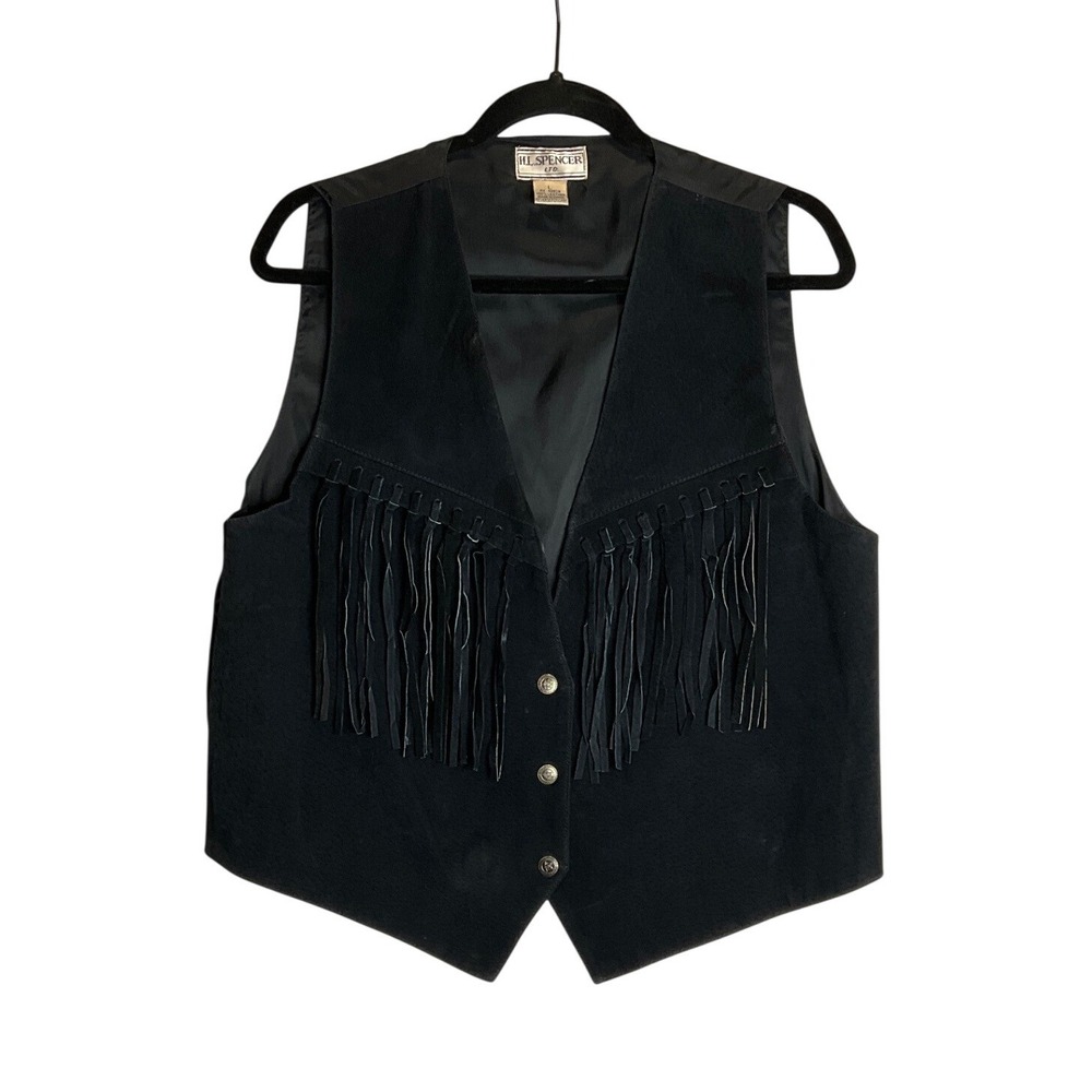 Vintage H. L. Spencer Leather Suede Vest Fringe Tassels Metal Snaps Western Boho